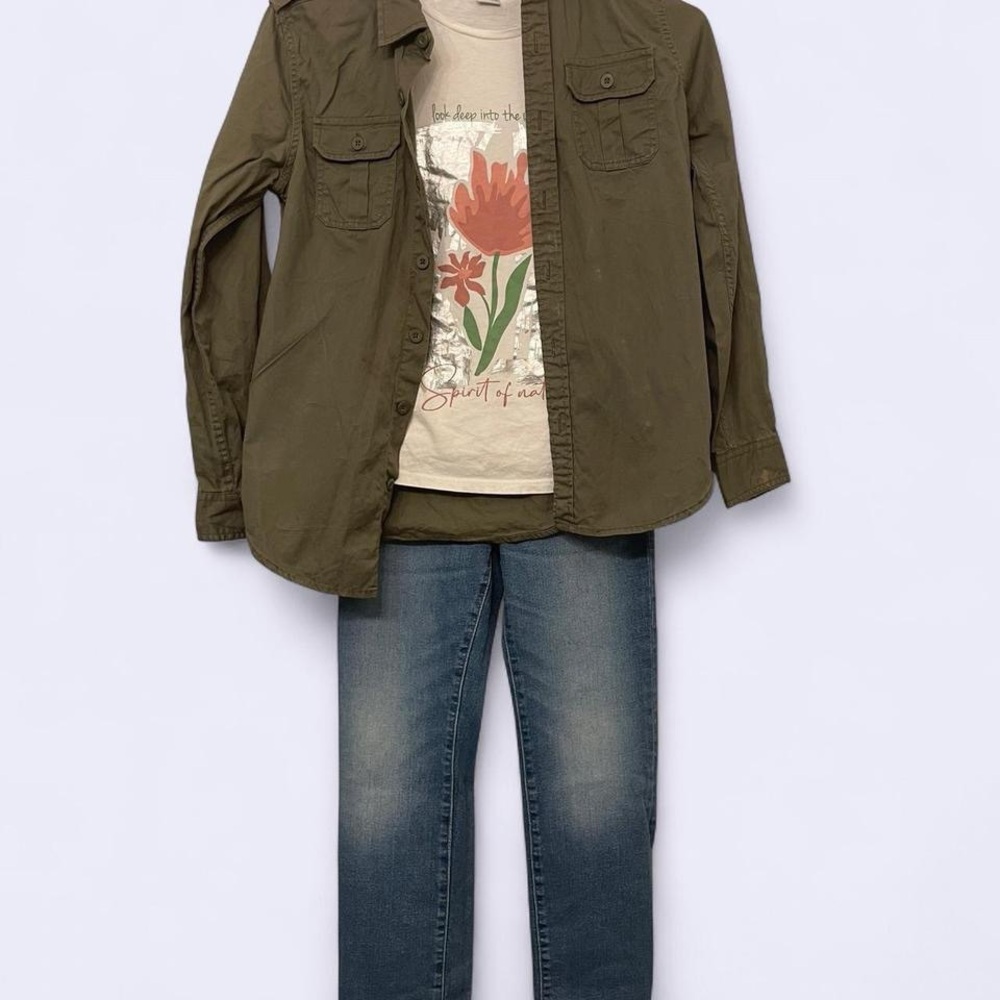 Graphic Tee Green Button Up and Jean Set